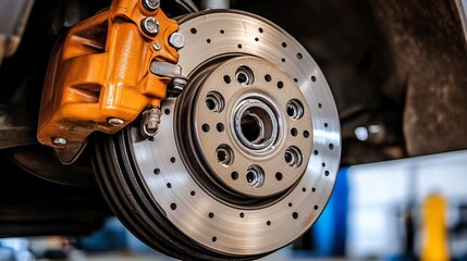Close Up of Automotive Braking System Showing Disc Brake Installation in Workshop for Repairs