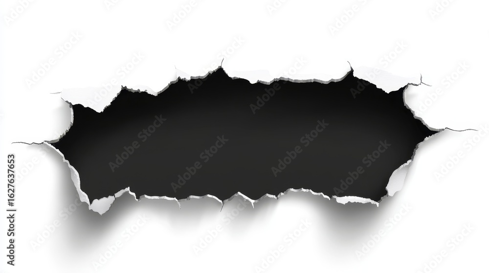 Poster torn and ripped paper sheet with a hole design effect, textured surface and blank background for use