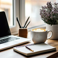  Modern workspace with a cup of cappuccino, open planner, and laptop on a wooden desk. Bright natural light creates a productive atmosphere. Mockups for business promotions and lifestyle content.