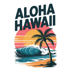 Tropical beach scene with palm trees and sunset and “Aloha Hawaii” text, vector illustration design. © Pixel Pulse