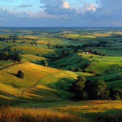 Obraz premium Rolling hills, sunlit fields, and distant farm