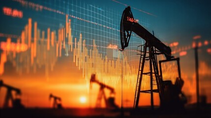 Silhouetted Oil Pumps Against a Vibrant Sunset with Financial Market Activity and Investment Trends