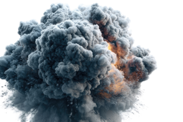 A massive explosion of dark gray smoke billows outwards, with orange flames erupting within