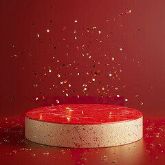  Red festive background with glowing round podium and falling golden confetti. Vibrant celebration scene for product presentations, seasonal promotions, and event design.