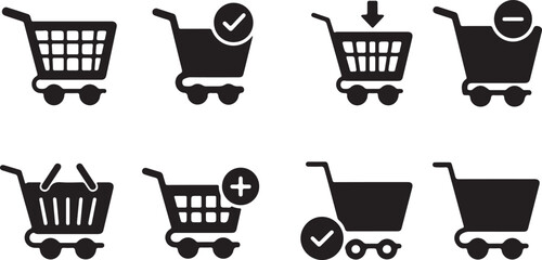 Eight black shopping cart icons depicting actions like add remove checkmark and download on white trolley