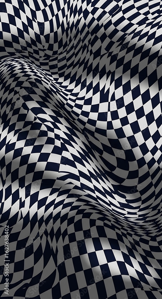 Poster warped checkerboard pattern creating an illusion of depth and movement, abstract background