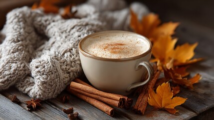 Cozy autumn coffee with cinnamon and fall leaves