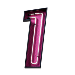 3D illustration of White Neon light digit number character 1 font. Neon tube number White glow effect in Black metal box with pink bottom plate.Supports PNG files with transparent backgrounds.