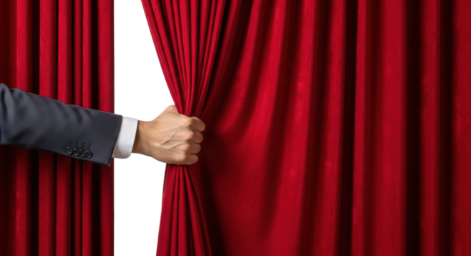 Professional male hand in dark suit pulling luxurious red velvet curtain to reveal vast white background with copy space, dramatic unveiling of new opportunity