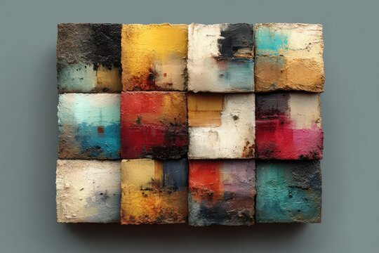 Abstract square tile mosaic artwork with earthy tones - Powered by Adobe