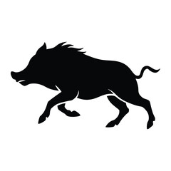 Black silhouette of a wild boar running on a white background animal