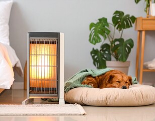 A space heater running beside a sleeping pet curled on a mat in a compact bedroom, 