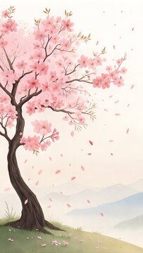 Serene Watercolor Cherry Blossom Tree, Delicate Pink Flowers, Gentle Breeze, Misty Mountains, Springtime Serenity