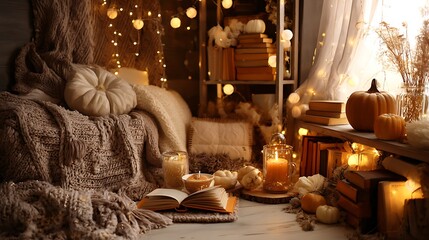 Cozy autumn reading nook with warm lights and pumpkins
