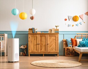  small air purifier gently humming in a child’s room filled with books and colorfu