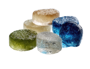 Assorted round, translucent candies in various colors