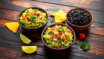 Fresh Guacamole, Black Beans, and Tortilla Chips on Rustic Wooden Table