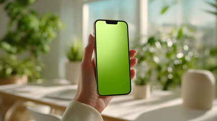 Woman Holding Modern Smartphone with Green Screen Mockup in Sunny Home Office