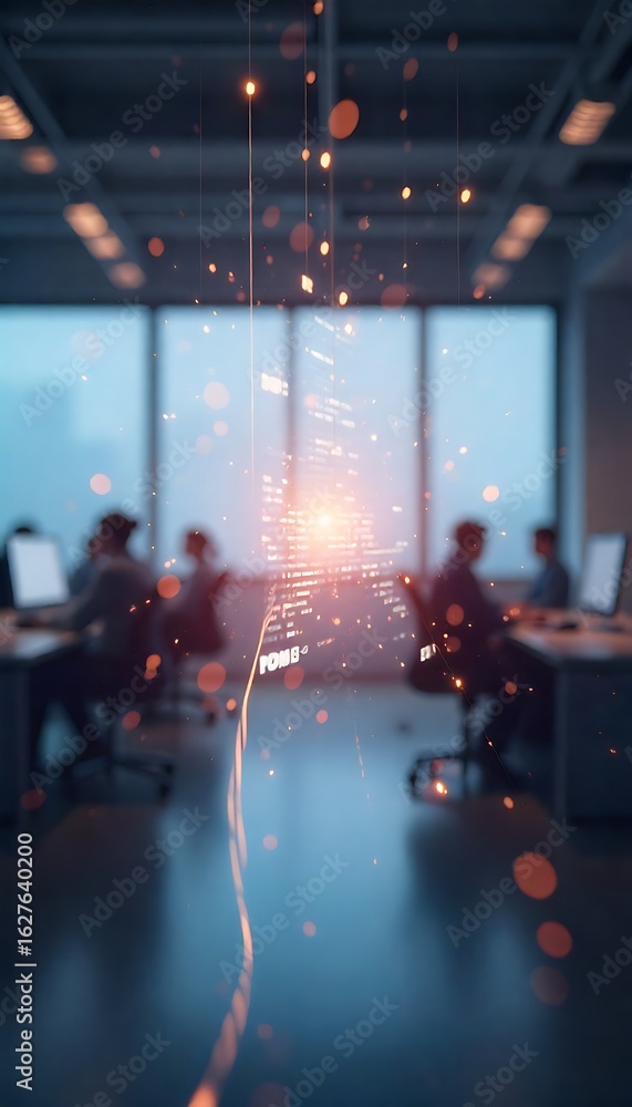 Poster generative ai: digital luminescence in collaborative workspace environment with modern aesthetic