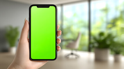 Person Holding Modern Smartphone with Green Screen Mockup in a Bright Office