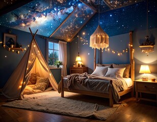 A glowing projector night light casting dreamy galaxy visuals across the walls and 