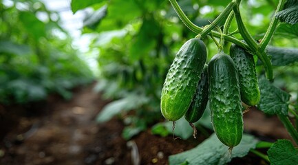 Obraz premium Green cucumbers growing on vine in greenhouse
