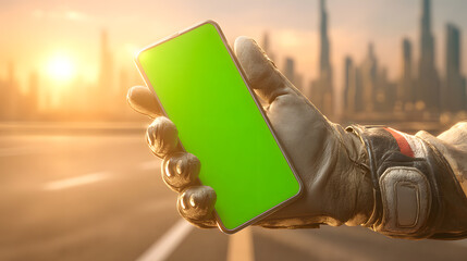 Gloved Hand Holding Mobile Phone with Green Screen against a Vibrant Sunset Cityscape