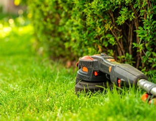 A battery-powered garden trimmer resting beside a neatly manicured hedge, gloves 