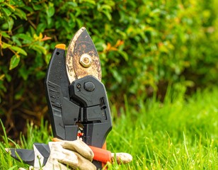 A battery-powered garden trimmer resting beside a neatly manicured hedge, gloves 