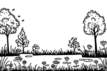 Hand-drawn black and white illustration of a tranquil pond scene.