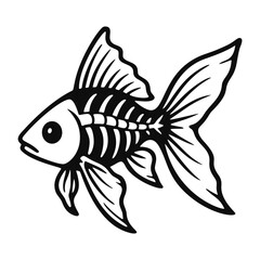 Skeleton fish vector illustration in black and white hand drawn style with bones visible and cartoon fins for tattoo or design use
