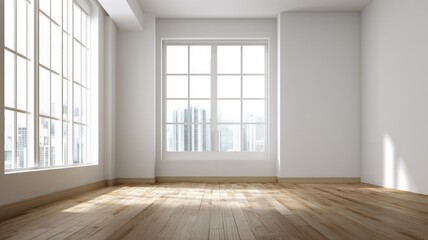 Sunlit minimalist room with panoramic windows. AI image