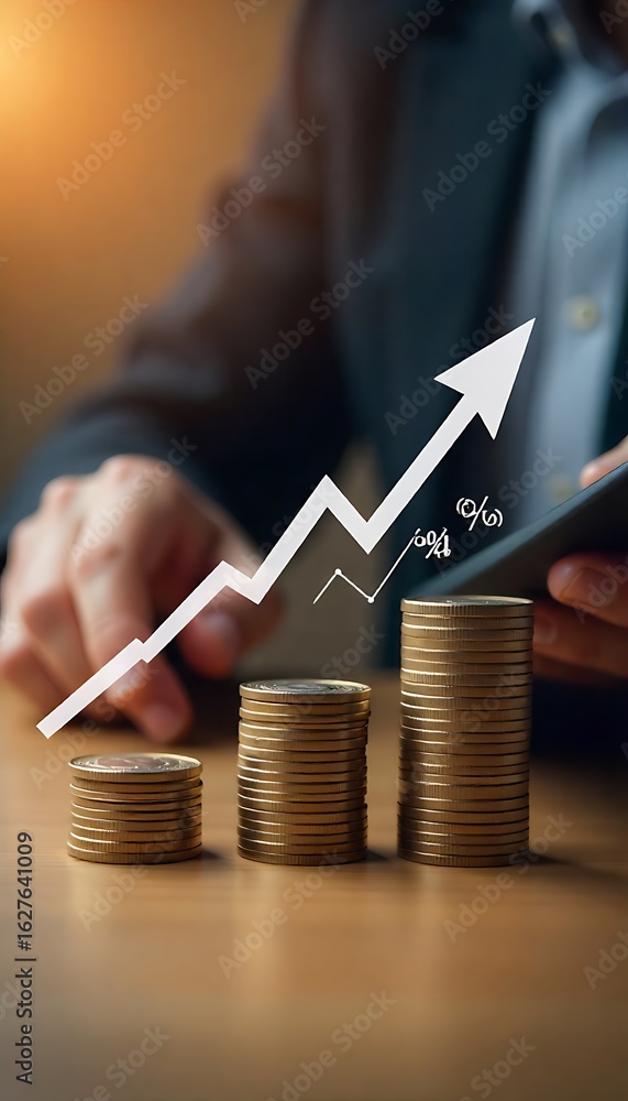 Poster generative ai demonstrating financial growth with coin stacks and ascending arrow indicator