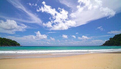 Fototapeta premium Sunny beach scene with turquoise water, white sand, and a partly cloudy blue sky