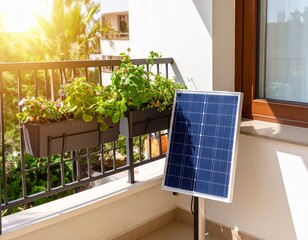 A compact solar panel appliance installed beside a modern balcony garden, houseplants 