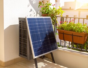 A compact solar panel appliance installed beside a modern balcony garden, houseplants 