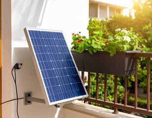 A compact solar panel appliance installed beside a modern balcony garden, houseplants 