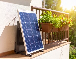 A compact solar panel appliance installed beside a modern balcony garden, houseplants 