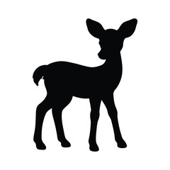 Black silhouette of a young deer standing on a white background fawn