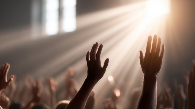 Worshipping together, congregants lifting hands, expressing spiritual connection during energetic contemporary christian music performance