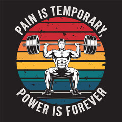 Retro sunset fitness graphic showing a strong man lifting heavy weights with motivational quote, vector illustration design.