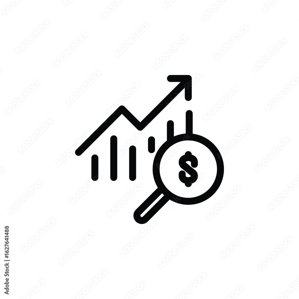 Poster financial analysis, line chart and loop glass outline icon vector design good for web or mobile app