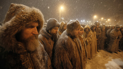 Russian Orthodox New Year, worshippers in fur coats and ushankas attending late-night liturgy under snowfall