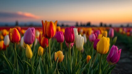 Obraz premium Vibrant tulip field at sunset with warm tones. AI image