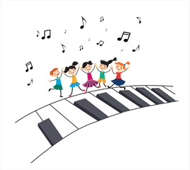 Cartoon school kids dancing and playing music on a wavy piano keyboard eps with notes. happy children singing playing instruments smiling in a fun vector illustration clipart on white background