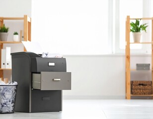 A document shredder working beside a home filing cabinet, with discarded paper in 