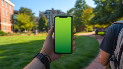Hand Holding Mobile Phone with Green Screen Mockup on College Campus