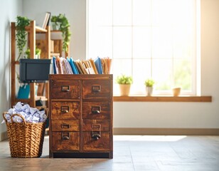 A document shredder working beside a home filing cabinet, with discarded paper in 