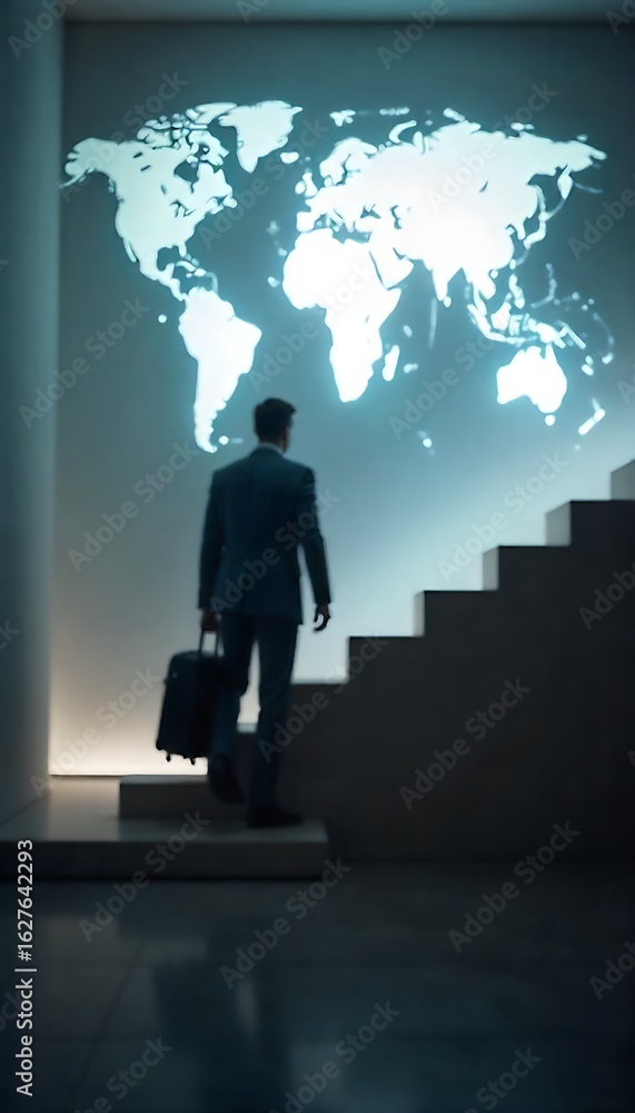 Poster generative ai ambition visualized world map displayed business man ascends stairs with suitcase