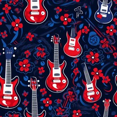 Electric Guitars Red Floral Seamless Pattern on Dark Backdrop